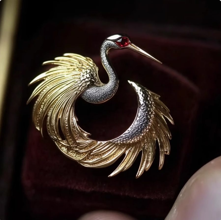 千族银 原创优雅国风仙鹤胸针 高级服装配饰胸花双色金别针